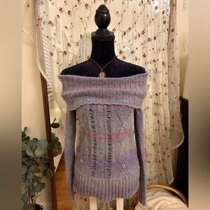 Y2k DKNY Purple-Multi Off-Shoulder Ribbed Knit Sweater